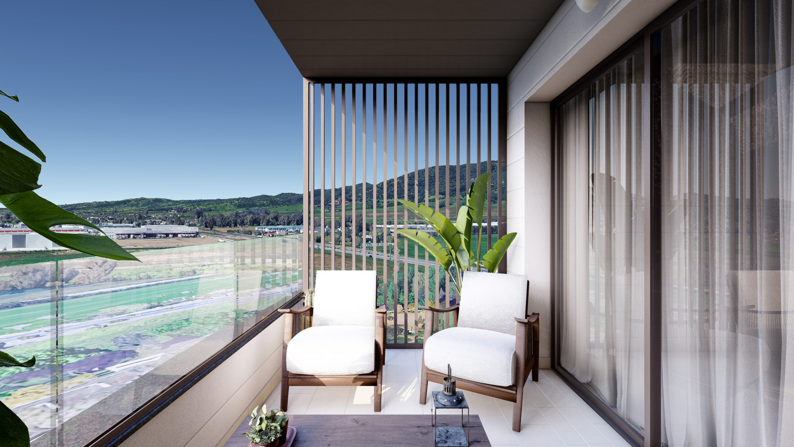 Balcón amplio de obra nueva en Residencial Conecta: suelo de gres cerámico, acabados en tonos claros y vistas panorámicas al entorno natural y la costa.