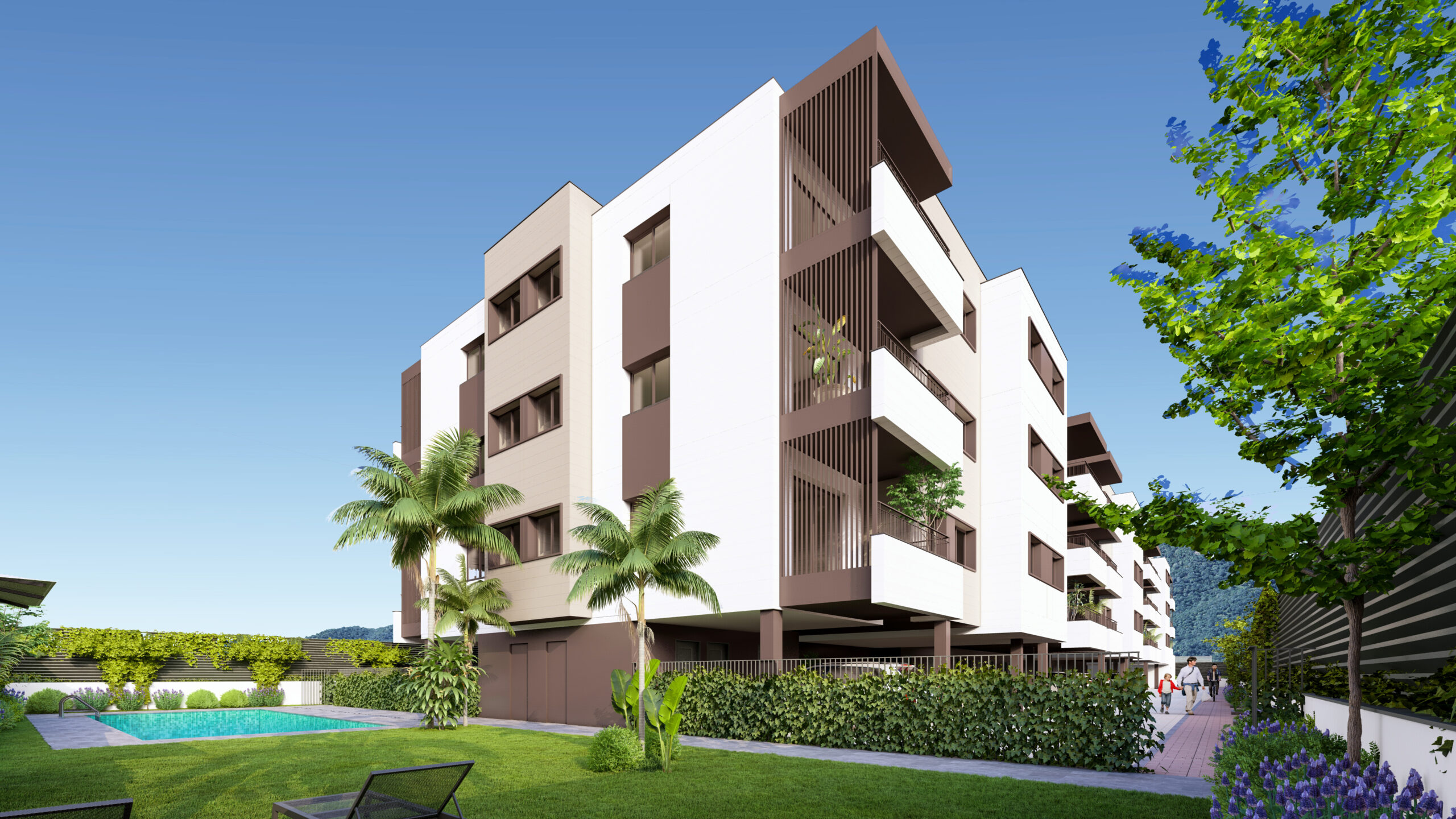 Conecta de neoHabitat, promoción de viviendas modernas con terrazas, zonas ajardinadas y piscina comunitaria, edificio residencial sostenible con diseño contemporáneo en un entorno urbano tranquilo.