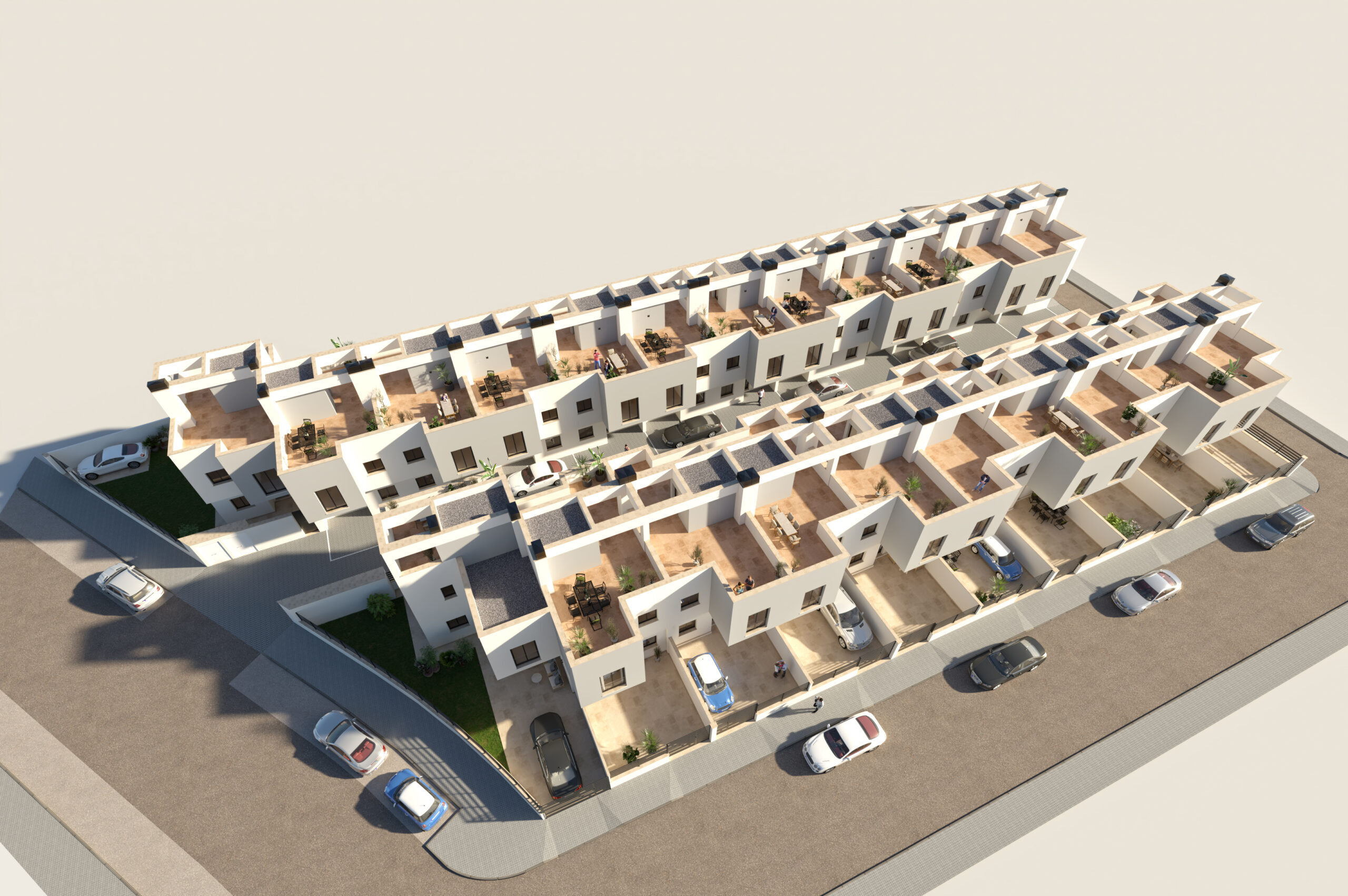 Vista general del exterior del residencial Las Piletas de Neo Habitat, mostrando edificios, áreas ajardinadas y zonas comunes desde el acceso principal.