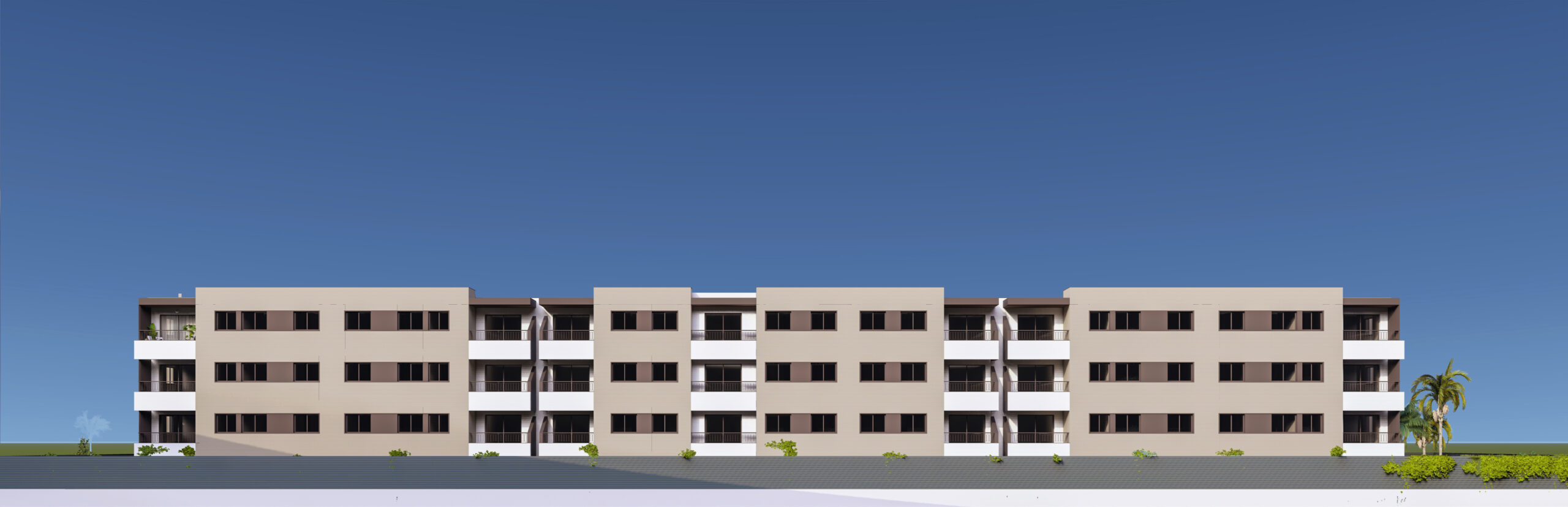 Vista frontal completa de la promoción Conecta de NeoHabitat, mostrando un edificio moderno de tres plantas con amplios ventanales y balcones bajo un cielo azul despejado.
