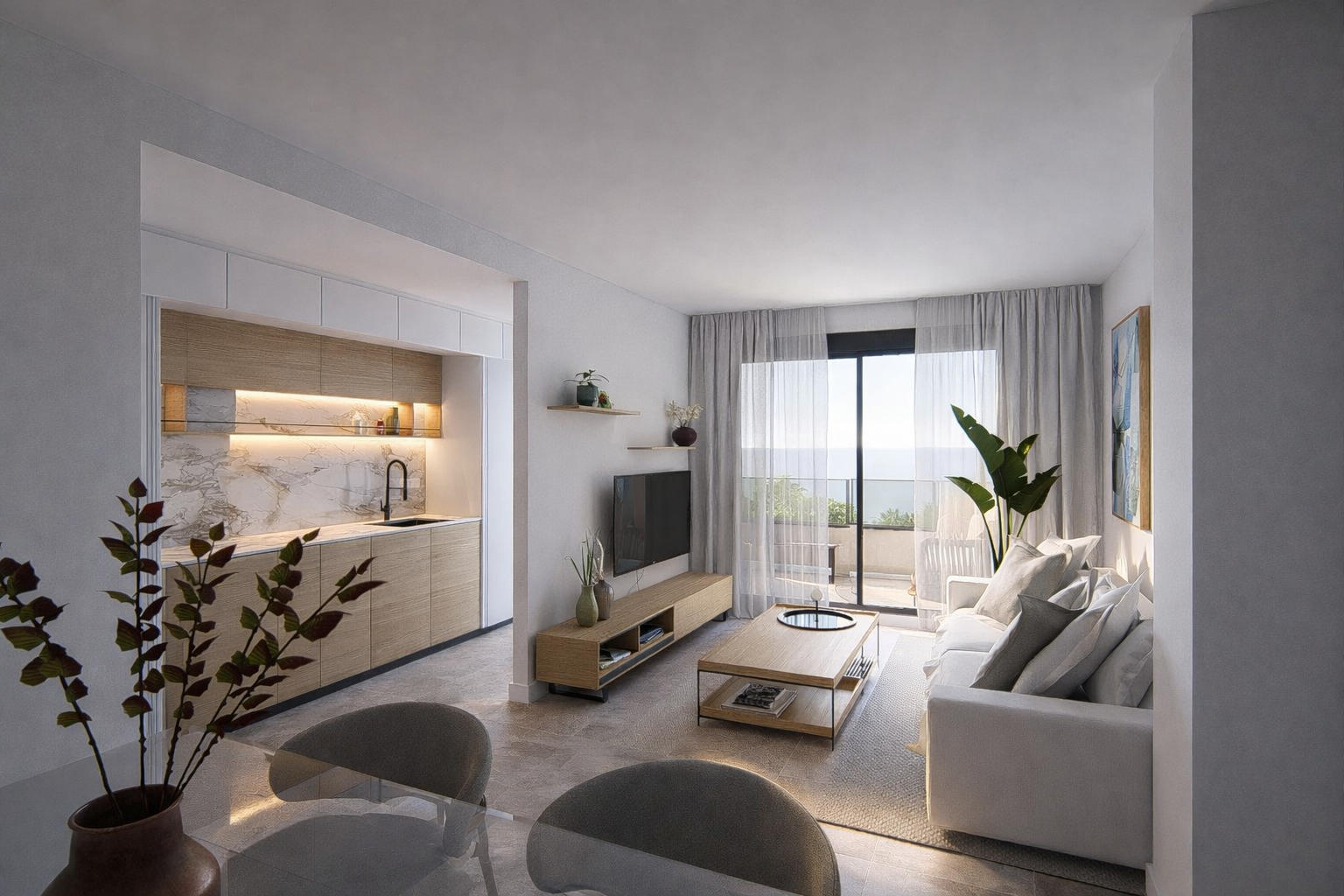 Interior de vivienda de obra nueva Conecta: cocina abierta al salón con acabados de alta calidad, estilo minimalista y gran ventanal al exterior.