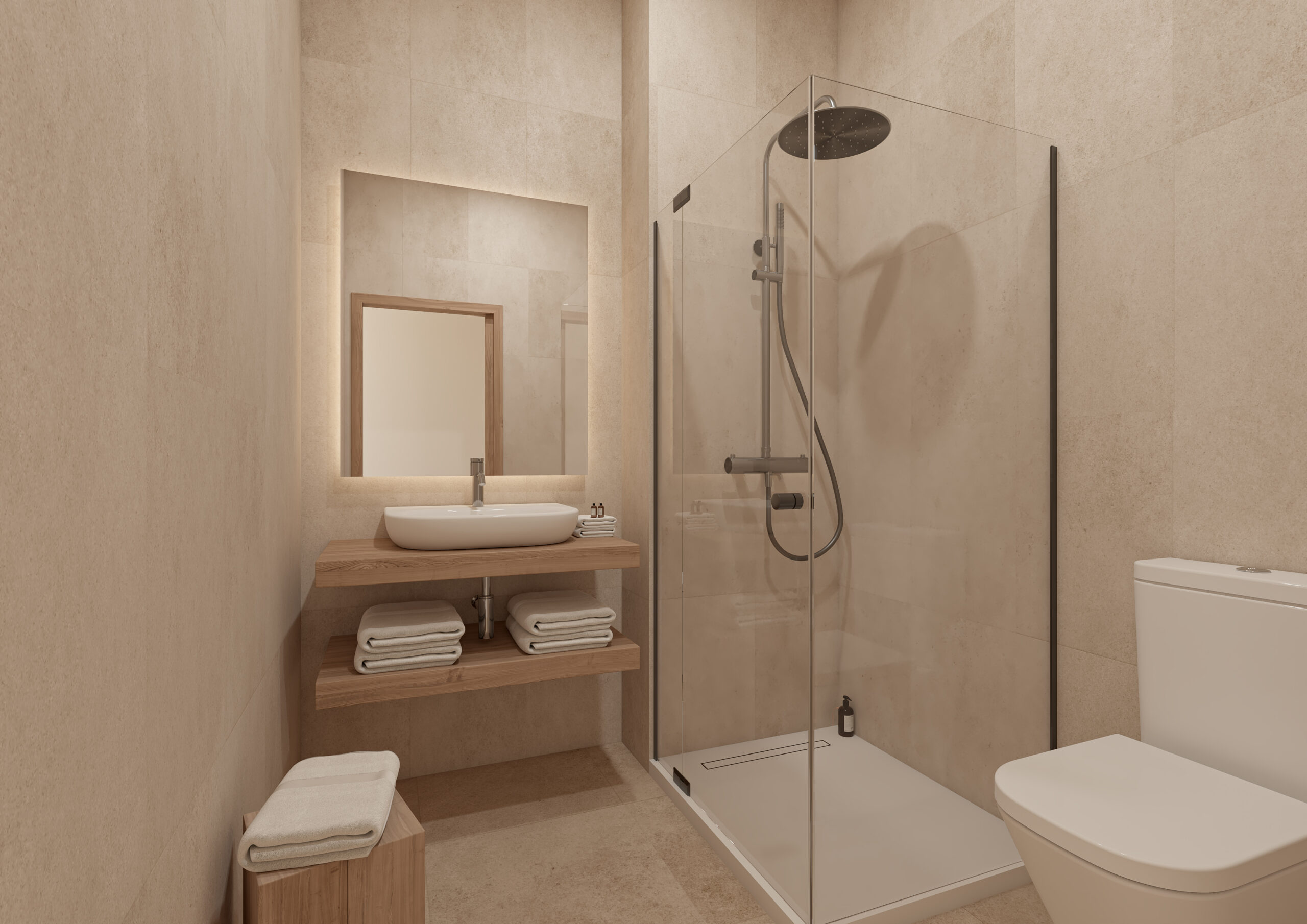 Baño del residencial Las Piletas de Neo Habitat, con diseño moderno, acabados elegantes, iluminación cuidada y estilo funcional orientado al confort.