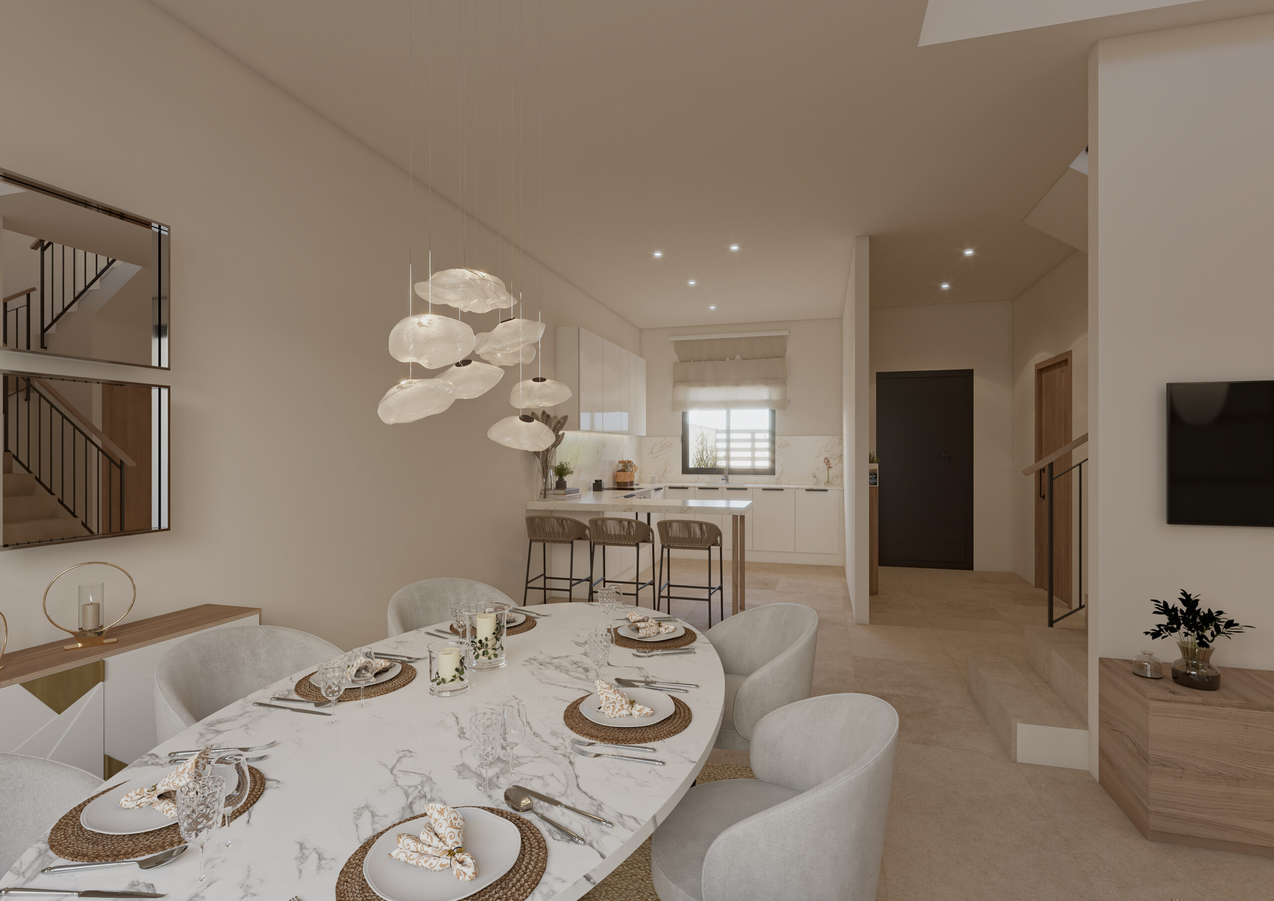 nterior de cocina y comedor del residencial Las Piletas de Neo Habitat, con concepto abierto, mesa de comedor de diseño, cocina moderna con isla, iluminación decorativa y ambiente amplio y luminoso