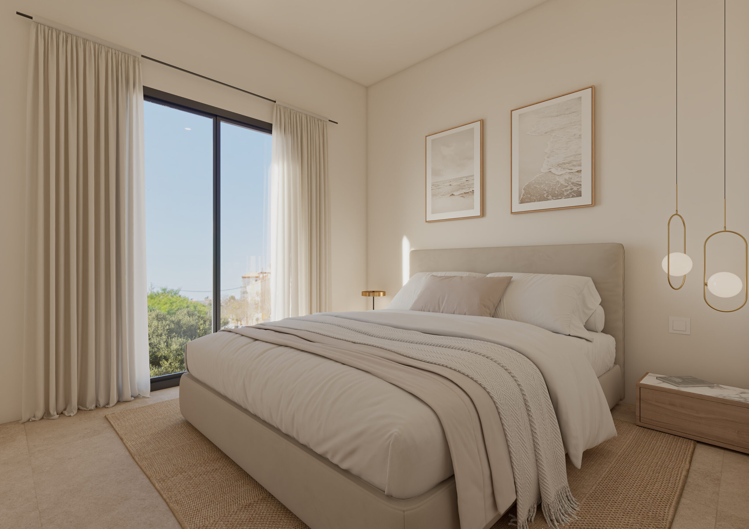 Dormitorio principal del residencial Las Piletas de Neo Habitat, con diseño moderno, luz natural, tonos neutros, cama tapizada y ambiente acogedor orientado al descanso.