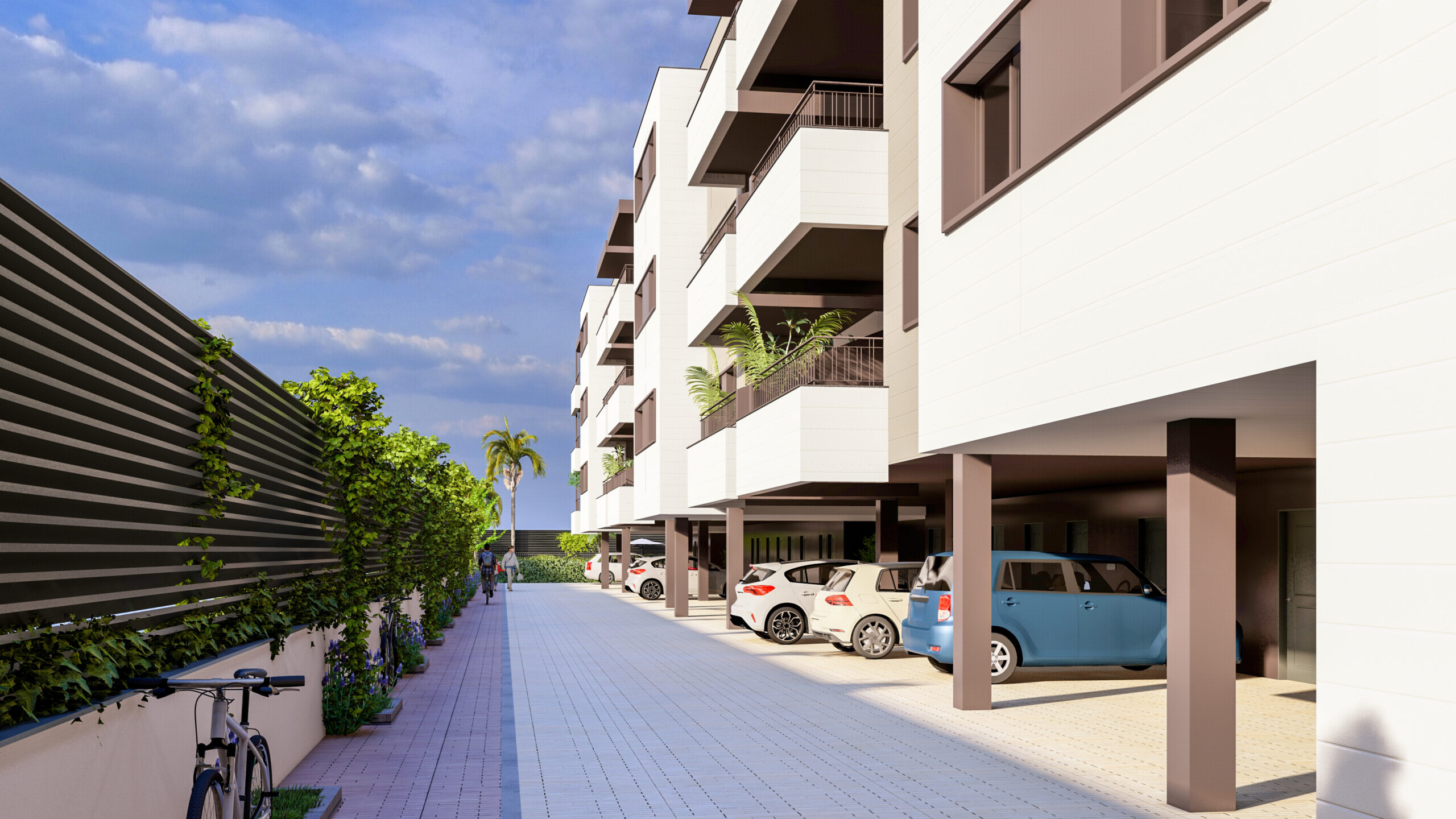 Exterior y zona de parking de la promoción de viviendas Conecta de NeoHabitat.